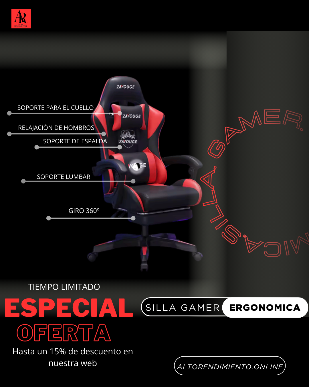 Silla Gamer Ergonómica- giro  360° soporte lumbar y máximo confort